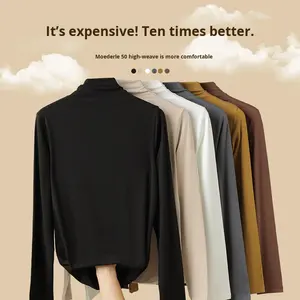 חולצת בסיס מודאלי חצי tleneck חולצת בסיס נשים גמישות גבוהה רזה רזה מתאים צבע אחיד שרוול ארוך העליון - Product Image 2