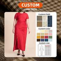 Robe longue rouge sur mesure pour femme grande taille, froncée, à manches courtes, avec détail boutons latéraux, fente haute, élégante, coupe ajustée, pour soirée