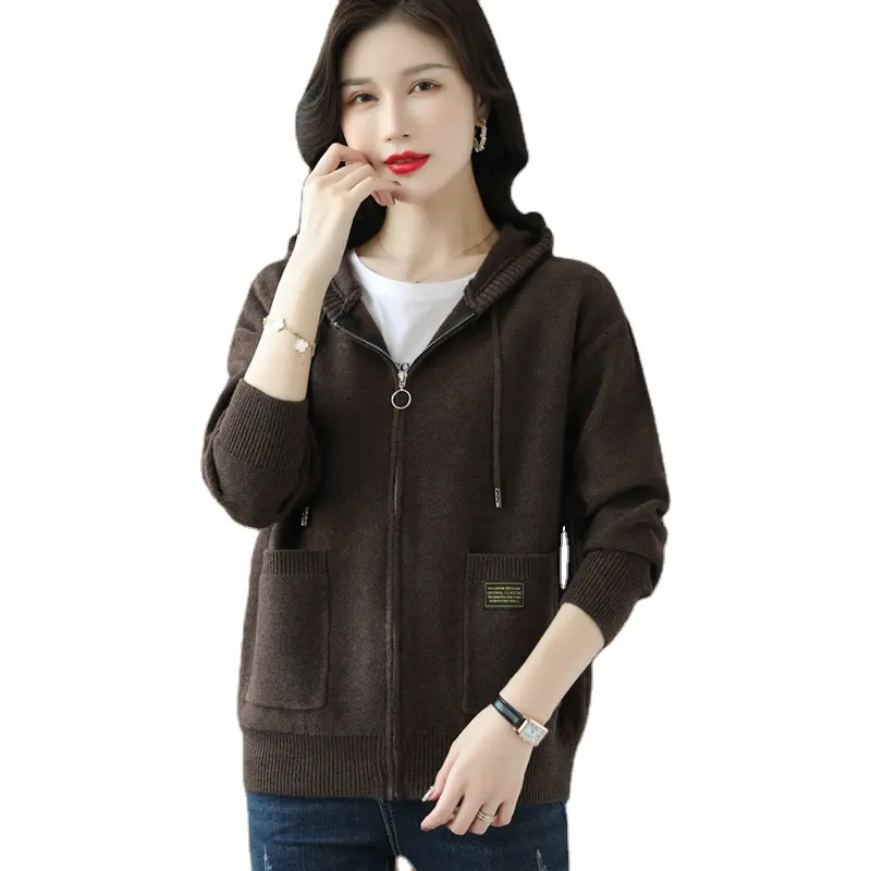 2023 2024 Custom OEM New Fashion Women hooded knitted cardigan Ladies loose zip up hoodie cardigans with pockets