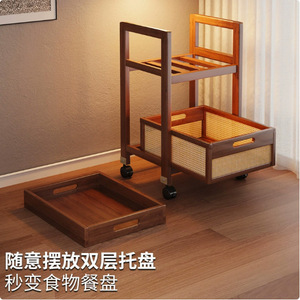 Table d'appoint mobile avec roulettes, plateau en bois, style vintage, table basse, petite étagère de rangement pour salon, chambre à coucher - Product Image 4