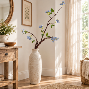 Branche artificielle de cerisier sauvage bleu clair, branche flexible à écorce rugueuse avec petites fleurs, décoration florale style ferme - Product Image 1