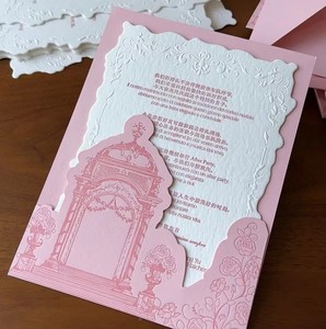 Invitation de <span class=keywords><strong>mariage</strong></span> de luxe en papier de coton texturé gaufré <span class=keywords><strong>rose</strong></span> et blanc, style jardin classique, avec découpe et superposition festonnée, impression personnalisée - Product Image 1