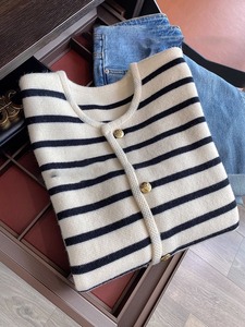 Mulheres Primavera Outono Camisolas O-pescoço Stripe Malha <span class=keywords><strong>Cardigan</strong></span> Moda Manga Longa Casual Tops Curtos Estilo Coreano Novo - Product Image 3