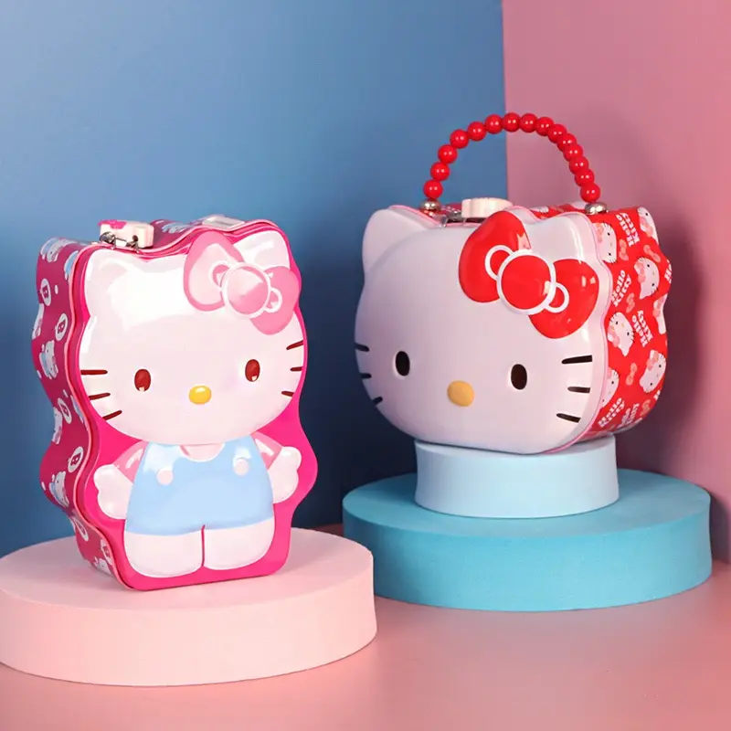 Caja de hojalata con diseño de Hello Kitty, para guardar dinero, con asa