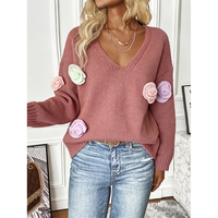 Sweter Rajut Poliester 100% Aplikasi Bunga 3D Multi-warna Musim Gugur/Dingin Terbaru, Kerah V, Model Elegan Ukuran Besar