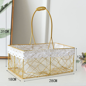 <b>Large</b> rectangular gold wrought iron mesh flower <b>basket</b>, hand-held woven gift <b>basket</b>, fruit storage <b>basket</b>, picnic <b>basket</b> - Product Image 1