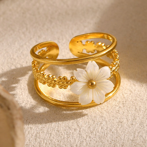 18K Gold Plated Stainless Steel Natural Shell Flower Double Layer Hollow Open Adjustable Stackable <b>Statement</b> <b>Ring</b> For Women - Product Image 5