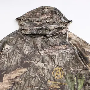 2023 New Design Polyester Full Printed Camo Mossy Oak Long Sleeve Hooded Hunting Shirts With Face Mask