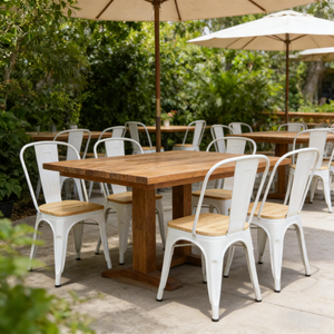 Sedia da pranzo per interni ed esterni, bianco perla, con struttura in metallo e seduta in legno, impilabile, per fattoria, caffè, ristorante, bistrot, patio - Product Image 2
