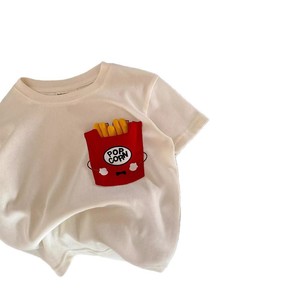 Children's Short Sleeve T-Shirt Off White Gray 3D Fries Burger Cartoon Print Cotton Knitted Summer Wear For Toddlers - Product Image 4