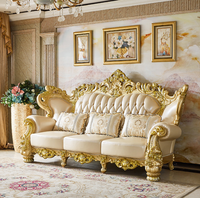Nouvelle conception de canapé de salon royal européen, ensemble de meubles de luxe, bois sculpté classique, cadre doré, cuir véritable, canapé 1, 2, 3 places