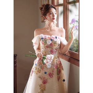 Off-Shoulder Floral Evening Dress Empire Waist A-Line Embroidered Organza For Banquet Hosts - Product Image 1