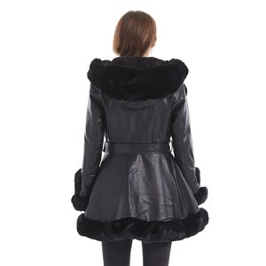 Parka Wanita Kulit Imitasi Dengan Kerah Bulu Imitasi Lengan Panjang Dengan Saku Mantel Musim Dingin Hangat Dengan Sabuk - Product Image 4