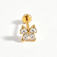 YW 18G Stainless Steel Heart Crown Butterfly CZ Top Internally Threaded Labret Piercing Flat Back Studs