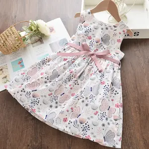 Best Selling Products Children's Fancy Chiffon Smocking Sleeveless Full Print Bow Decoration Dress For Girls