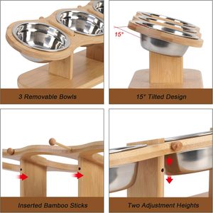 Eco-Friendly 15 Graus Elevado Dog <span class=keywords><strong>Bowl</strong></span> Alimentador <span class=keywords><strong>Pet</strong></span> Automático 3 Tigelas De Aço Inoxidável Levantado Bandeja De Madeira para Pequenos Gatos Cães - Product Image 6