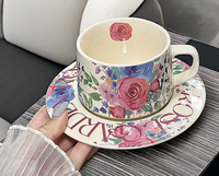 Ensemble tasse et soucoupe en céramique et porcelaine, motif hortensia, style peinture à l'huile vintage, coffret cadeau de luxe pour le thé de l'après-midi, souvenir élégant