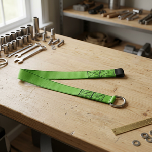 Sangle plate en polyester vert avec anneaux en acier pour levage par grue et manutention de matériaux - Product Image 3