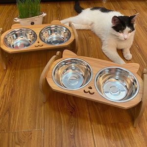 Bol pour animaux de compagnie, double bol en acier inoxydable, bol pour nourriture pour chat, bol en bois pour nourriture pour animaux de compagnie - Product Image 2