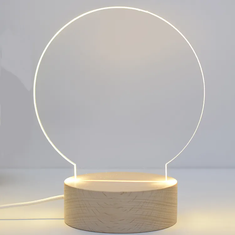 Nuevo soporte LED redondo USB habitación de los niños Luz de noche de madera en blanco base de lámpara de noche de madera acrílica