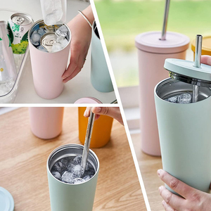 Gobelet isotherme réutilisable à double paroi sous vide pour le voyage, avec paille et couvercle en silicone - Product Image 6