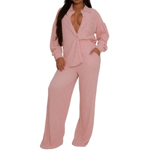 Women's Stretch Long-Sleeve Multiple Pockets Shirt With Pressed Creases Wide-Leg <b>Pants</b> Casual 2-Piece Set Fashion - Product Image 5