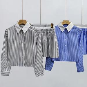 Conjuntos de Blusa y Falda a Rayas con Cuello, de Manga Larga, Casuales y a la Moda para Mujer, de Alta Calidad, OEM ODM Personalizados al por Mayor - Product Image 1