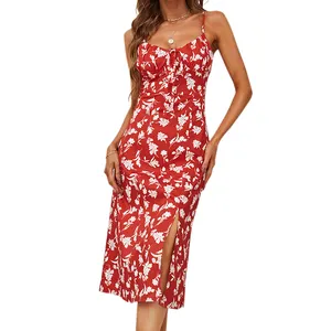 Novo vestido de verão feminino, estampa, boêmio, vintage, praia, clube, festa, vestido vermelho, slip