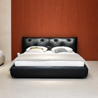 Cadre de lit en cuir véritable noir, taille King Queen, tête de lit capitonnée moderne, lit plateforme rembourré pour chambre à coucher, hôtel, appartement