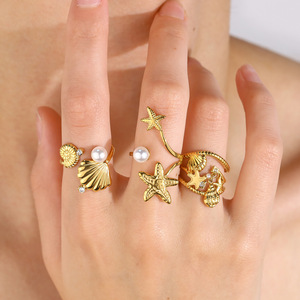 Océan Mode Style <span class=keywords><strong>Strass</strong></span> Zircon Perle Coquillage Étoile De Mer Conque Ouvert <span class=keywords><strong>Anneau</strong></span> Réglable En Acier Inoxydable Étanche Bijoux - Product Image 3