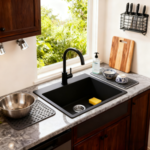 42인치 블랙 언더마운트 싱글볼 싱크대 항균 코팅 높은 백스플래시 방수 모던 키친용 - Product Image 1
