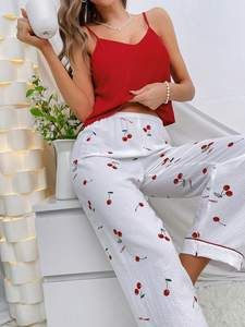 Conjunto de Pijama con Estampado de Cerezas <span class=keywords><strong>para</strong></span> <span class=keywords><strong>Mujer</strong></span>, Camisola en Contraste y <span class=keywords><strong>Pantalones</strong></span> Estampados, Ropa de Dormir Fresca <span class=keywords><strong>para</strong></span> Verano - Product Image 5