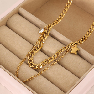 Collana a Catena Cubana Stratificata con Stella in Zirconia Cubica Placcata Oro 18K, Gioiello Minimalista Impermeabile per Donne - Product Image 4