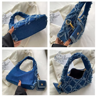 Tas Selempang Denim Bohemian Musim Panas OEM Lucu Modis Bergaya Y2K, Tas Ketiak Mini Hobo Distressed, Tas Tangan Wanita Biru