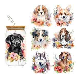 LETOP 1 Pezzo Adesivo Personalizzato Impermeabile Lavabile <span class=keywords><strong>per</strong></span> Bicchieri Libbey da 16oz con Design di Fiori e Cani, Decalcomania UV <span class=keywords><strong>per</strong></span> Trasferimento - Product Image 1