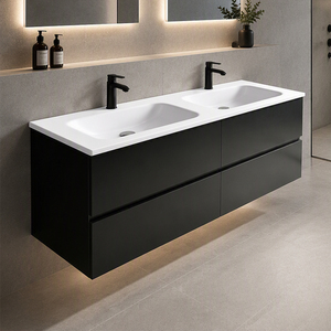 Luxury Matte Black Double Sink Eco-Friendly Bathroom <strong>Vanity</strong> Cabinet Resin Basin Modern Floating Double <strong>Vanity</strong> <strong>Unit</strong> for <strong>Bedroom</strong> - Product Image 1