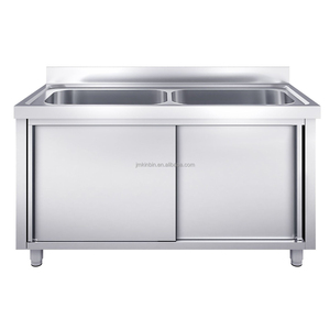 Stainless Steel Commercial Double Bowl Sink with Sliding Storage Cabinet - Product Image 2