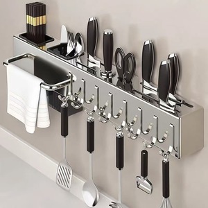 Stainless Steel <b>Kitchen</b> Knife <b>Rack</b> Wall Mounted Multi Functional Chopstick Holder With Hooks And Towel Bar For Utensil Storage - Product Image 3