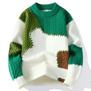 Suéter Personalizado <span class=keywords><strong>para</strong></span> Hombre, Tejido con Parches, Diseño Irregular en Verde y Marrón, Costuras a Mano, Hombros Caídos, Estilo Urbano, <span class=keywords><strong>para</strong></span> Uso Diario o Escolar - Product Image 1