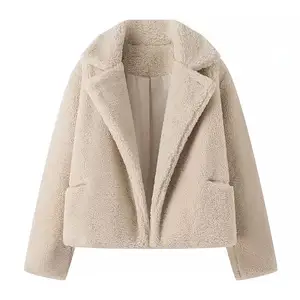 TAOP & ZA2024秋冬新作人工毛皮効果暖かい肌にやさしいボタンレスデザインメイラードジャケット