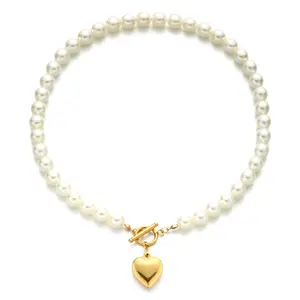 Mothers Valentine Gift Handpicked Baroque Pearls Chain Heart Necklace Gold Tone Balloon Heart OT Toggle Clasp Necklace