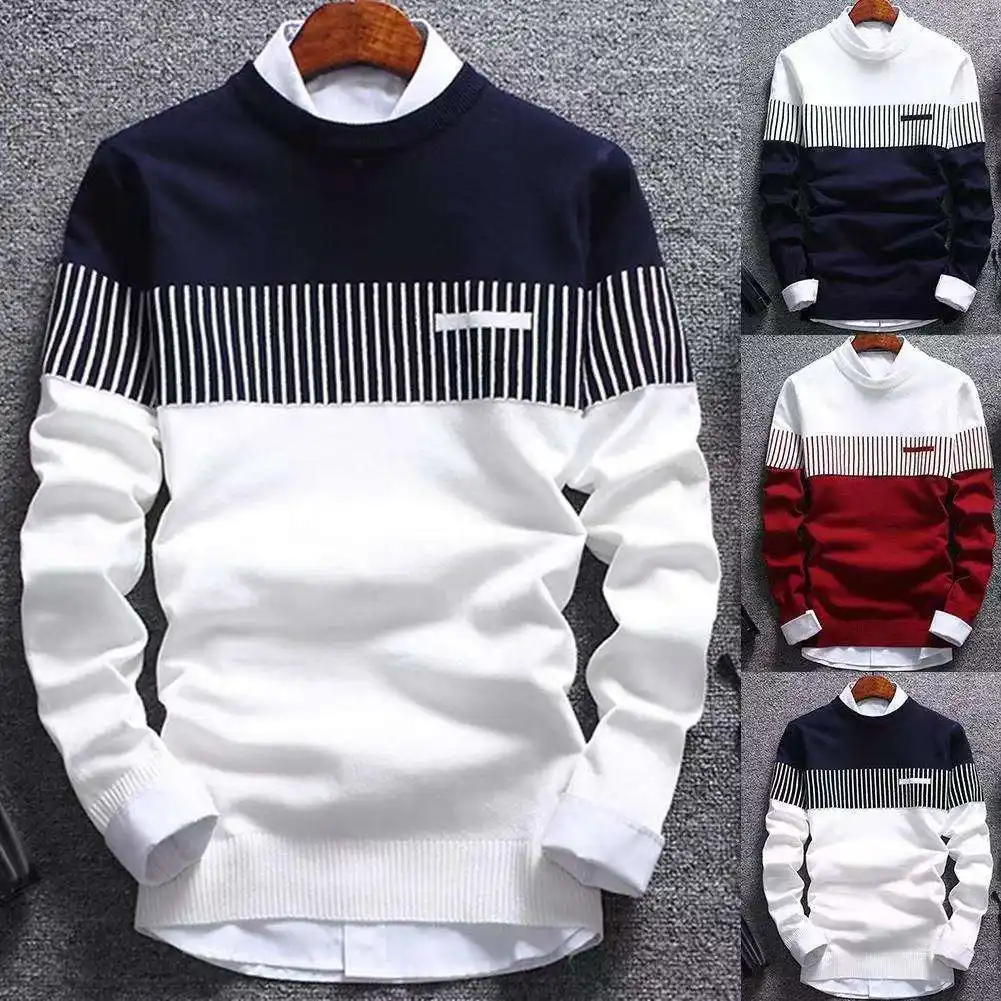 Fashion Striped Casual Cotton Men's Pullover Knitting Sweater Business Wholesale Cheap Custom Crew Neck Winter Knitted Thick