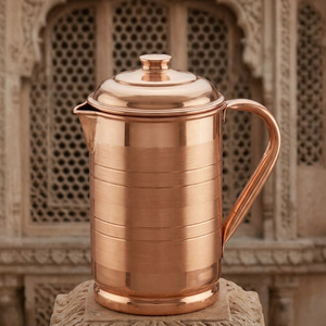 Pichet en cuivre artisanal de style chinois traditionnel, carafe à eau écologique, vaisselle décorative pour la maison avec couvercle, bienfaits ayurvédiques pour la santé - Product Image 1