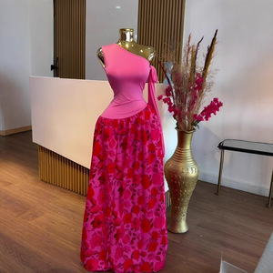 STOCK due colori monospalla abito donna stampa floreale Maxi abito <span class=keywords><strong>taglie</strong></span> forti Vestidos S-XL - Product Image 1