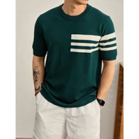 Nouvelle chemise d'été pour homme à manches courtes en maille rayée, coupe ajustée en soie glacée