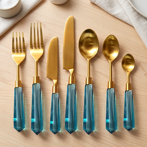 Nouvel ensemble de couverts modernes en acier inoxydable poli miroir avec manches en plastique vert-bleu, résistant au lave-vaisselle, pour la rentrée scolaire, 7 pièces - Product Image 1
