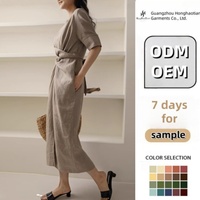 Robe musulmane décontractée d'été en lin tissé pour femme, grande taille, à manches courtes, avec ceinture, personnalisable ODM/OEM