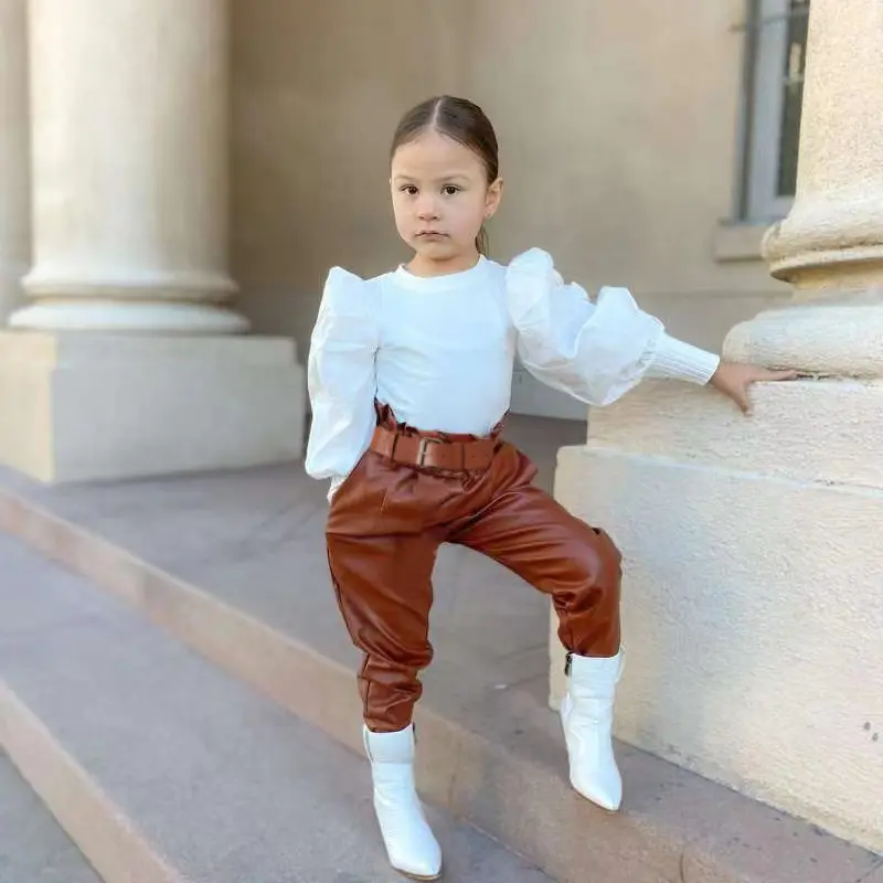 Conyson Casual Kids Girl Clothing Knitted Sweater Leather Pants Outfits Long Puff Sleeve Top Pu Pant With Belt 2pc Girls Sets