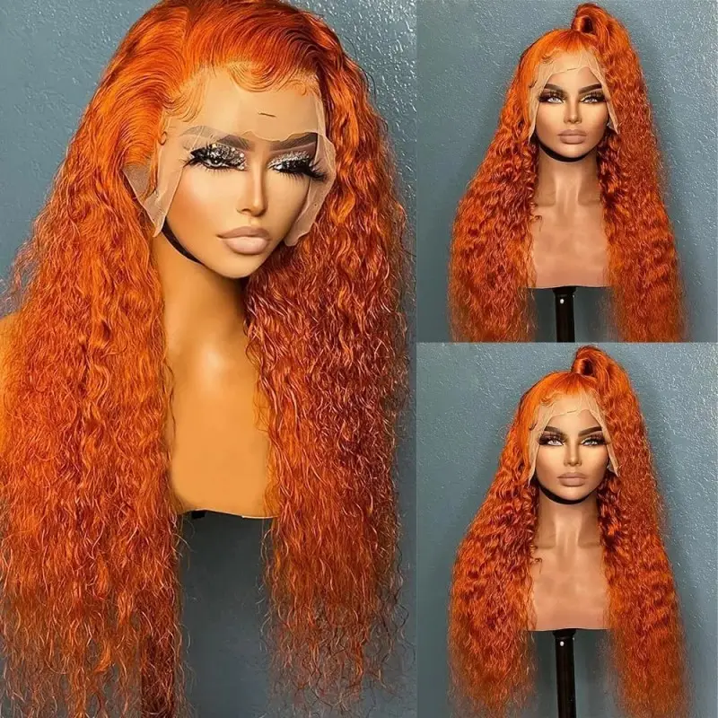 아프리카 여성 생강 제리 곱슬 인모 가발 오렌지 350 # 깊은 곱슬 합성 머리 가발 150% 밀도 13*4 레이스 프런트 가발