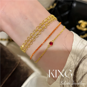 Pulsera de Hilo Rojo King Silver Jewelry, Plata de Ley S925, Chapada en Oro, Doble Capa Trenzada, Estilo Retro, Unisex, para Uso Diario - Product Image 3